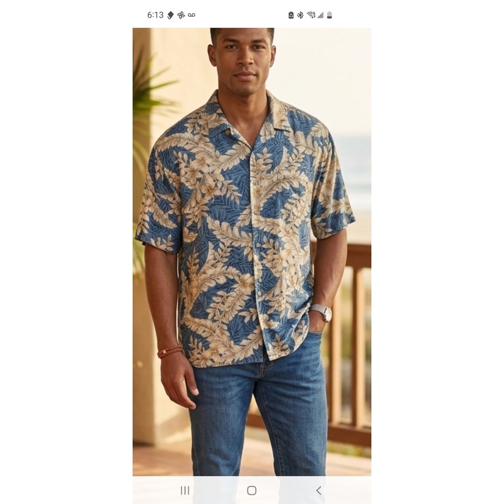 Pierre Cardin XXL Blue Tan Tropical Leaf Rayon Camp Shirt Short Sleeve Button Up